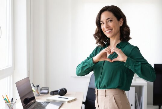 Young woman smiling, standing in office, forming heart shape with hands expressing support