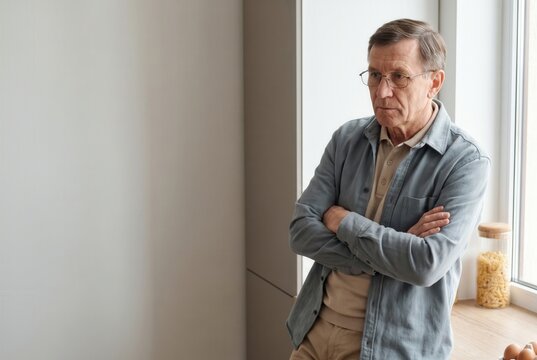 Senior man leaning by window, experiencing moments of pensive solitude and reflection