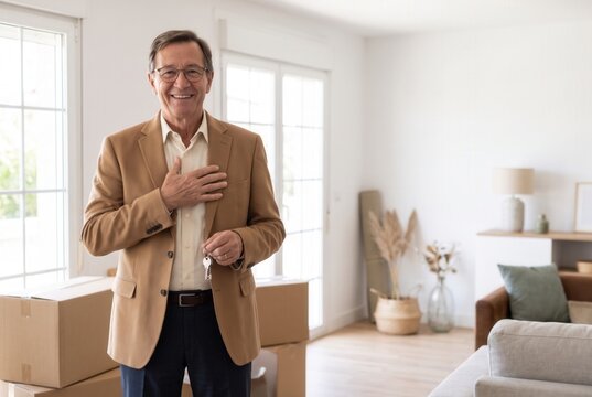 Senior man smiling, holding keys to new apartment, feeling happy and satisfied