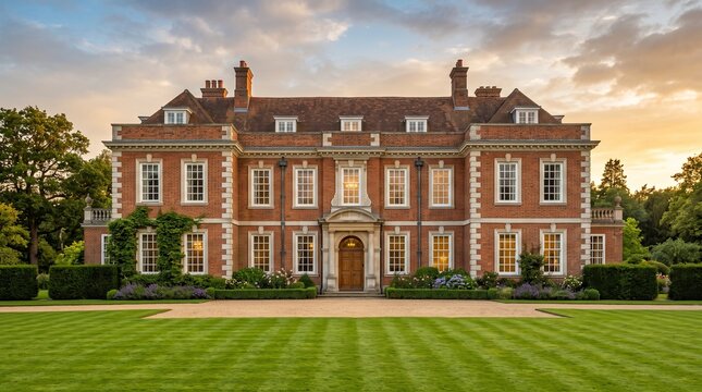 Classic English brick manor house with symmetrical architecture and lush green lawn