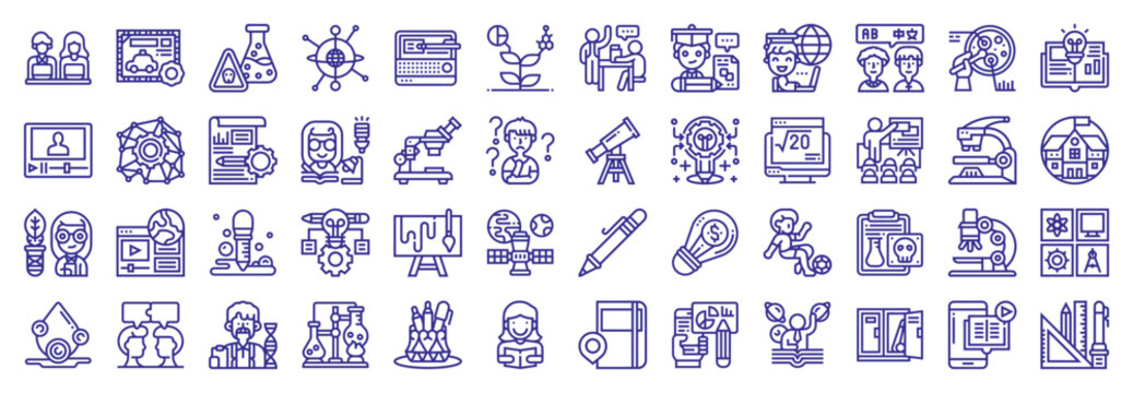 STEM education and creative arts line icon set including telescopes, microscopes, and painting tools