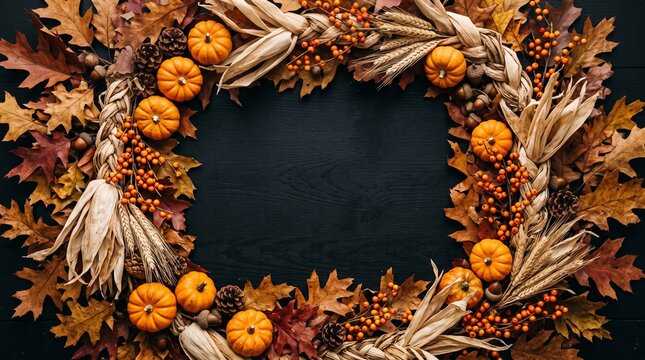Autumn harvest border with pumpkins. Fall foliage wreath frame on dark background.