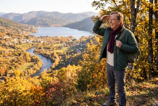 Senior man hiking and looking at the scenic autumn landscape with lake and river
