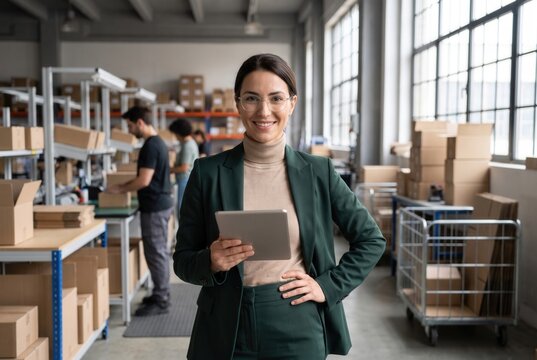 Businesswoman standing in a large warehouse holding a tablet, managing operations with her team