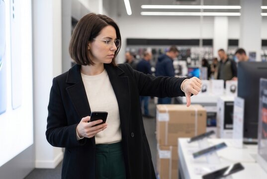Woman holding a smartphone expressing disappointment with a thumbs down gesture in an electronics store