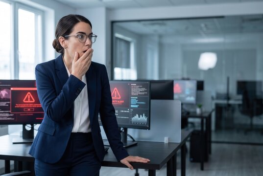 Woman standing in an office reacting to a security alert on multiple computer monitors