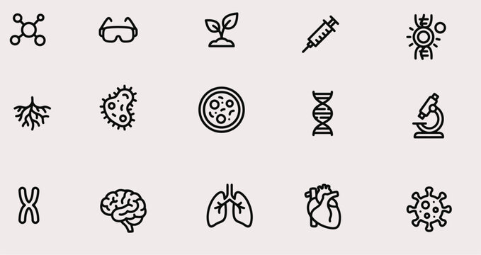 Medical and biological science research vector illustration icon package featuring laboratory equipment and human anatomy symbols