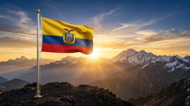 Ecuador Independence Day landscape with Ecuador national flag waving above majestic mountain peaks at sunrise, symbolizing patriotism, freedom, national pride, unity, resilience and hope