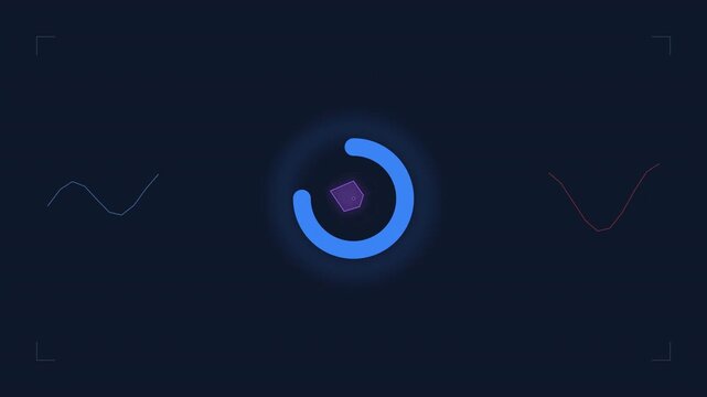 Dynamic motion of futuristic blue and purple circular logo animation in dark background.