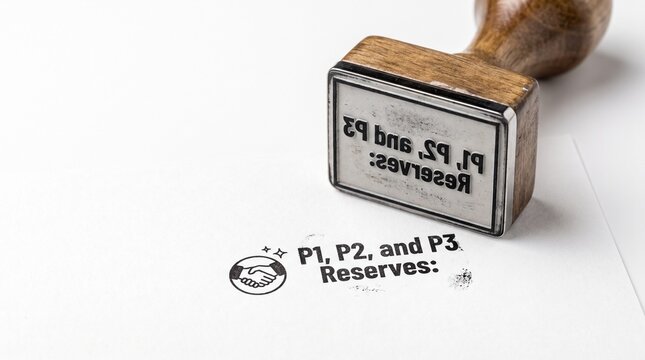 Vintage wooden rubber stamp with P1, P2, and P3 Reserves text. Professional certification ink stamp on white paper. Industrial classification and resource auditing tool.