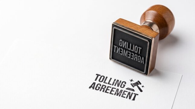 Tolling agreement rubber stamp on white paper, legal contract extension document, wooden stamper for statute of limitations suspension
