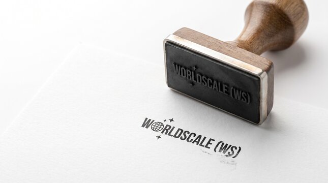 Vintage wooden rubber stamp with Worldscale WS logo, professional branding identity on white paper, corporate office stationery mockup