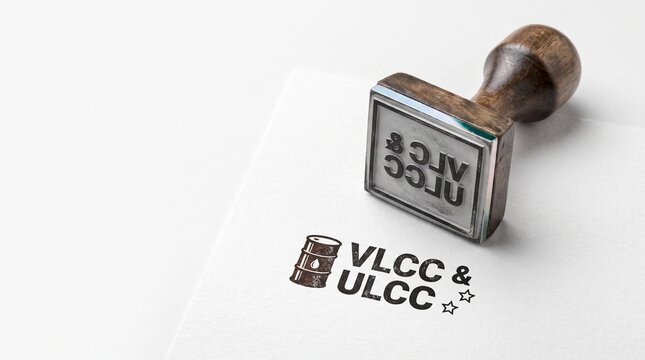 VLCC and ULCC oil tanker shipping stamp on paper, maritime logistics and crude oil transport industry concept, wooden rubber stamp with oil barrel icon