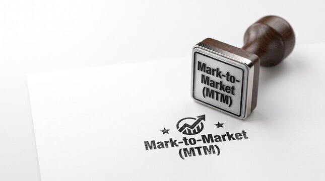 Mark-to-Market MTM rubber stamp on white paper, financial accounting concept for fair value measurement, professional business documentation