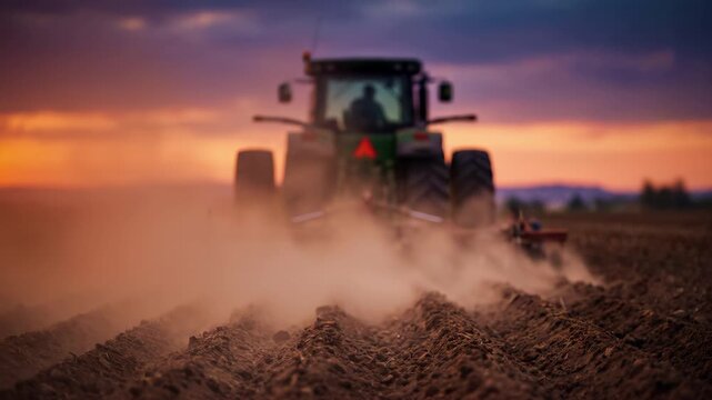Tractor plowing a farm field at sunset with dust rising behind the heavy machinery. Farmer cultivating soil during agriculture work in the countryside. Rural farming and agribusiness industry at dusk.