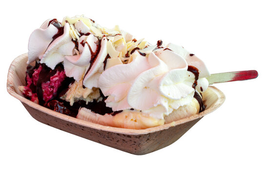 An extraordinary banana split with chocolate-dipped scoops of ice cream, topped with whipped cream and decorations. Transparent background, PNG