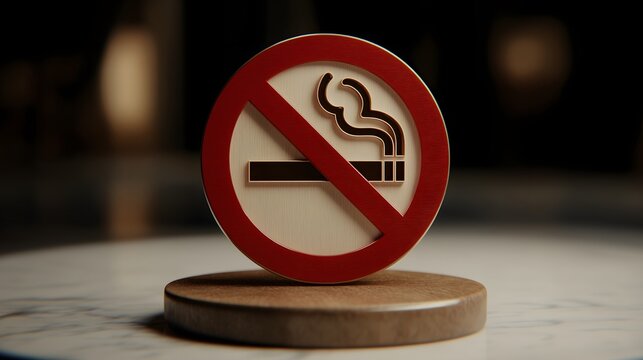 No smoking sign 3D wooden icon standing on a round base with marble background for public health and safety concept