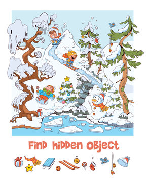 Find hidden objects. Educational winter seek and find illustration for kids with playful characters sledding and exploring a snowy landscape, designed to boost attention, observation skills, and