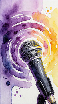 karaoke active microphone with vibrant watercolor painting explosion background illustration