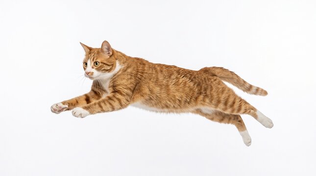 orange tabby feline leap leaping airborne flying pouncing pounce bounding action dynamic motion movement pet animal mammal domestic ginger red striped isolated on white background