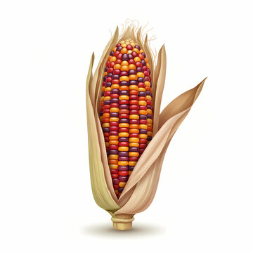 Realistic multicolor Indian corn cob with husks vector illustration for autumn harvest design