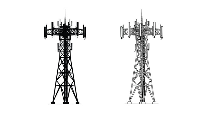 Cell tower silhouettes against a white background detailed communication structure illustration silhouette