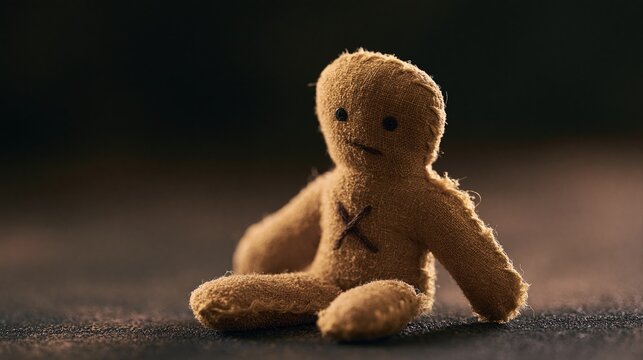 Small brown voodoo doll with stitched face sitting on dark surface