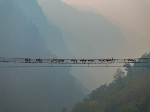 Aerial view of a line of pack animals crossing a long suspension bridge in the misty mountains of Nepal.