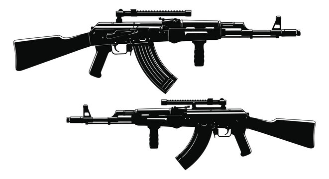 ak 47 assault rifle silhouette with scope and magazine black and white silhouette