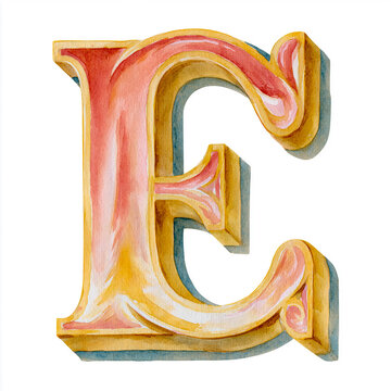 Letter E designed with watercolor painting, showcasing a theatrical, vintage inspired font with golden and red shading