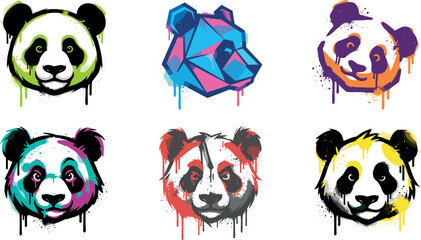 Colorful Panda Bear Head Mascot Vector Icon Set featuring Vibrant Neon Geometric Art and Street Art Graffiti Paint Drips © MstSuraiya
