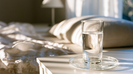 Glass of water on nightstand in morning sun