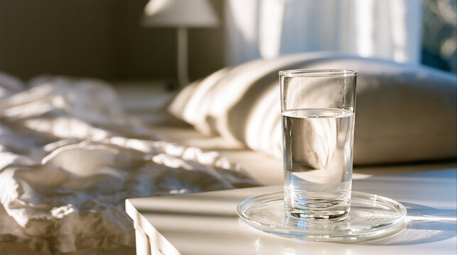 Glass of water on nightstand in morning sun