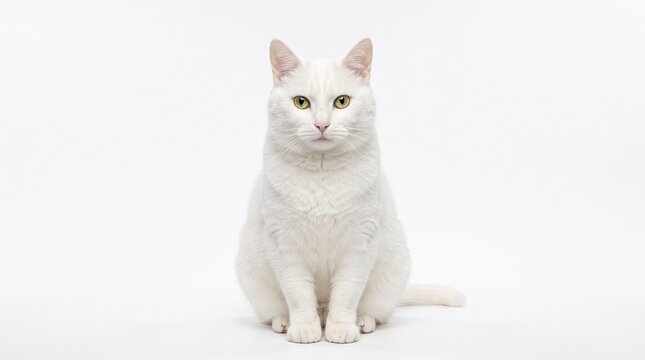 feline kitten pet animal mammal furry paws whiskers tail domestic creature portrait studio shot sitting pose front view looking camera eyes yellow isolated on white background