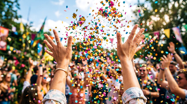 Hands throwing colorful confetti in the air at a vibrant outdoor festival party celebration with a happy crowd