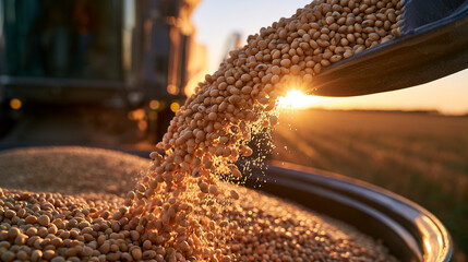 Obraz premium Soybean harvest pouring grain into trailer at sunset