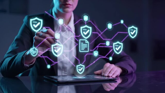 Cybersecurity and data protection network with digital shields for privacy and secure information. Business professional using tablet for safety verification, encryption and compliance management