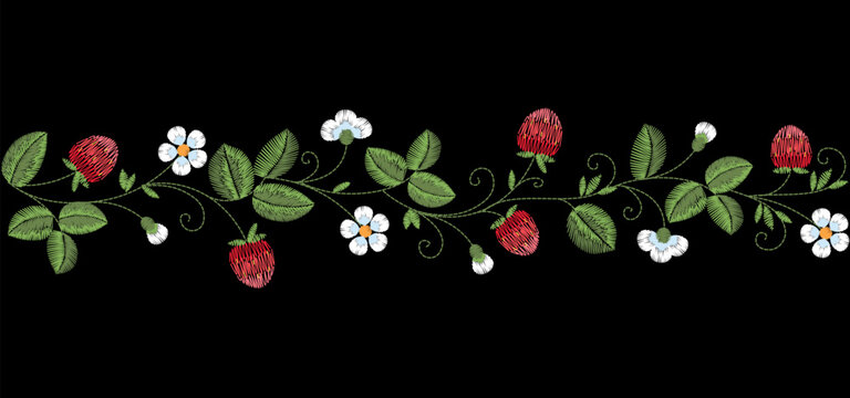Strawberry floral embroidery border pattern. Folk needlework style. Clothing towel bag cover print design. Black background hand-stitched vector art.