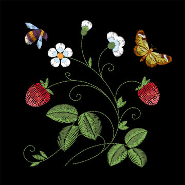 Strawberry flower bee butterfly embroidery pattern. Folk needlework style. Clothing towel bag cover print design. Black background hand-stitched vector art.