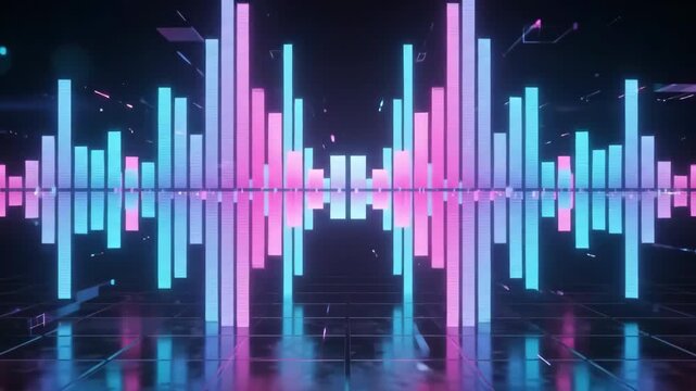 Seamless loop of digital sound equalizer spectrum bars pulsing and vibrating with vibrant neon blue and pink light in a dark electronic space
