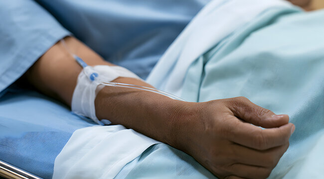 Adult patient with a PICC catheter on an examination bed. Ideal for medical websites, brochures, and presentations.