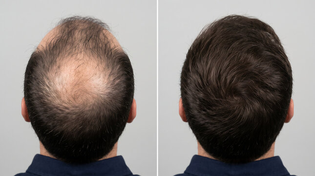 Comparison of male head scalp before and after hair restoration treatment with transplant restoration comparison alopecia treatment dermatology thickening cosmetic