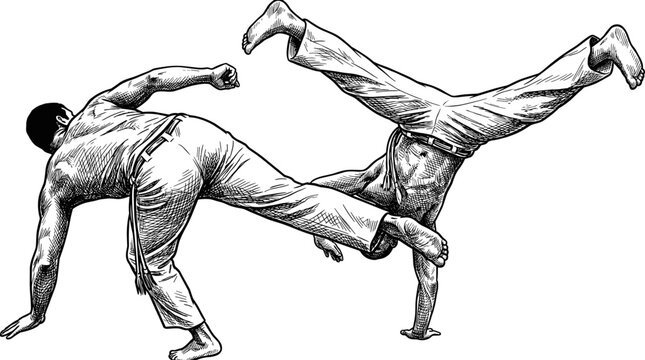Two men practicing capoeira martial art in dynamic poses