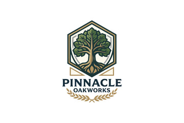 Obraz premium Hexagon Oakworks Tree Logo Vector Template