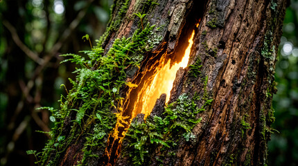 Obraz premium Light in the Tree Trunk Crack: A striking visual of a tree trunk with a deep crack glowing with an inner light, surrounded by vibrant green moss and lush foliage.