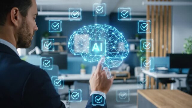 Businessman interacts with a digital brain interface in a modern office. Neural network connects to multiple checkmarks, representing artificial intelligence, machine learning, automation and smart