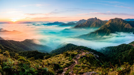 Obraz premium Majestic mountain range at sunrise, with clouds blanketing the valleys below, creating a breathtaking panorama. The sky is painted with warm hues of orange and pink.