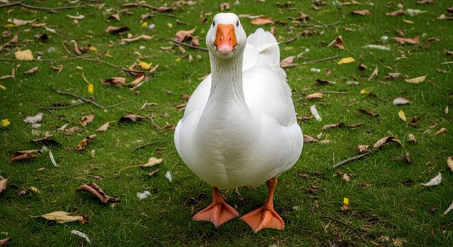 white goose standing on green grass with fallen leaves, ultra detailed cinematic scene, professional composition, dramatic lighting, soft shadows, depth of field, photorealistic te
