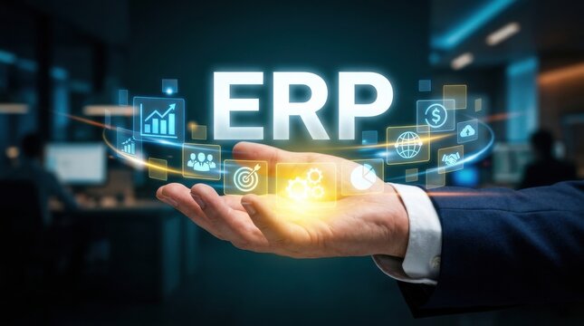 A businessman holding a glowing erp text hologram representing enterprise resource planning software for modern business management and digital transformation solutions