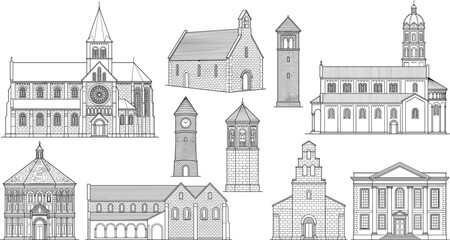 Fototapeta premium Historic Church and Cathedral Architecture Collection with Medieval Towers and Classical Building Vector Set